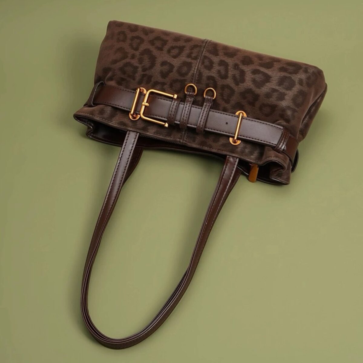 Black leopard print shoulder bag with brown belt detail – EB12 – photo 3
