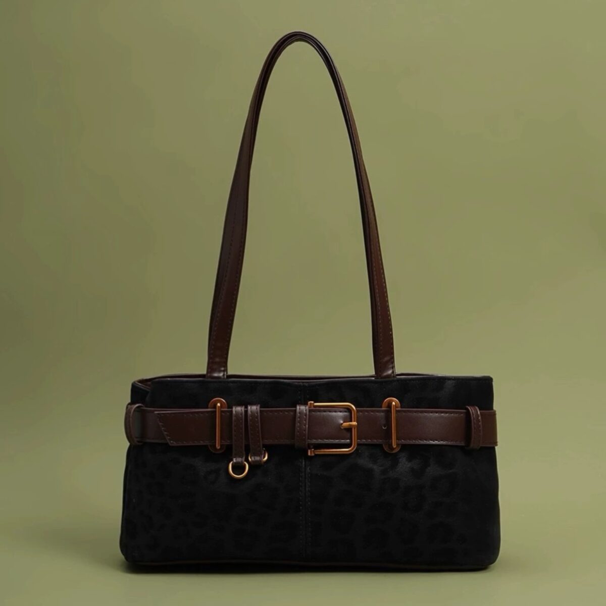 Black leopard print shoulder bag with brown belt detail – EB12 – photo 2
