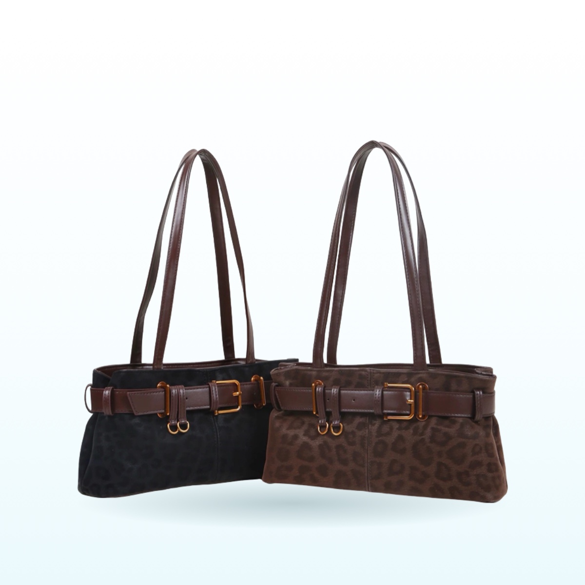 Black leopard print shoulder bag with brown belt detail – EB12