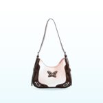 Pink shoulder bag with brown trim and butterfly emblem – EB16