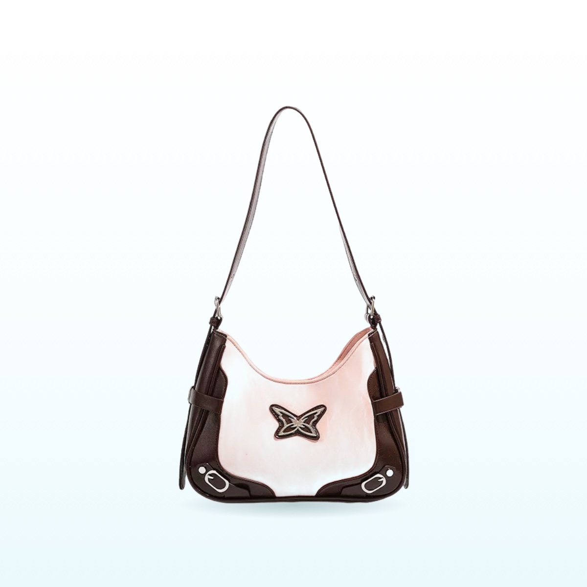 Pink shoulder bag with brown trim and butterfly emblem – EB16