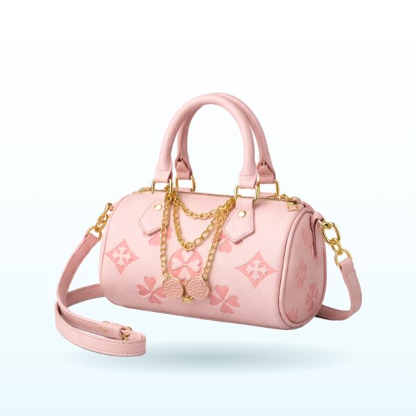 Pink mini barrel shoulder bag with embossed clover pattern and gold chain – EB2