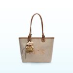 Beige embroidered Paris tote shoulder bag with brown handles – EB28