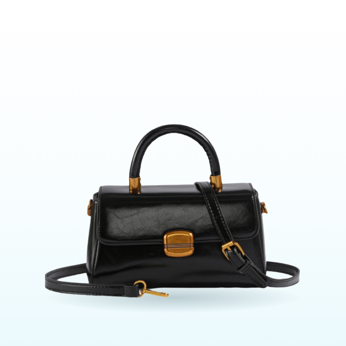Black glossy top handle mini bag with gold hardware – EB35