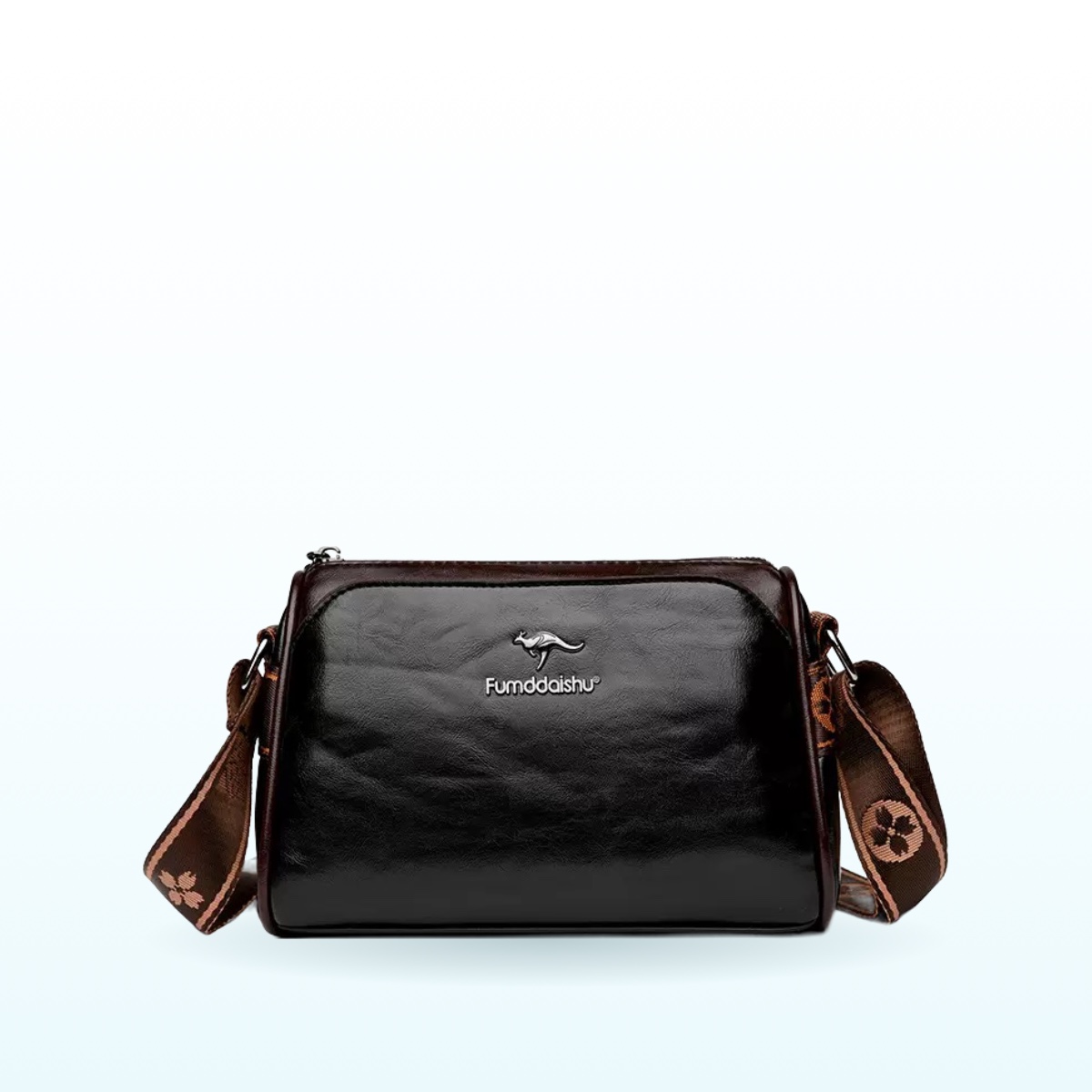 Black glossy zip crossbody bag with patterned strap – EB41