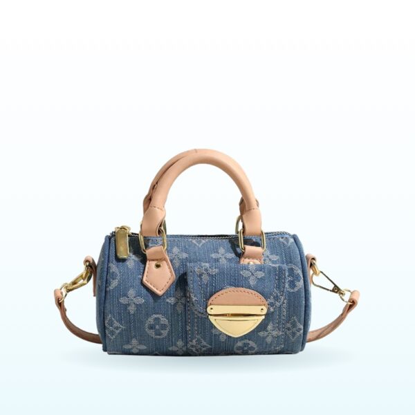 Blue denim mini barrel crossbody bag with tan straps – EB48