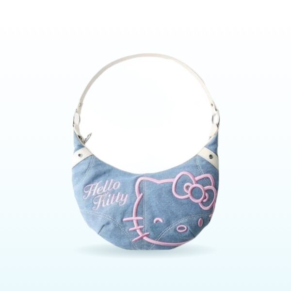 Light blue denim crescent shoulder bag with pink embroidery – EB7