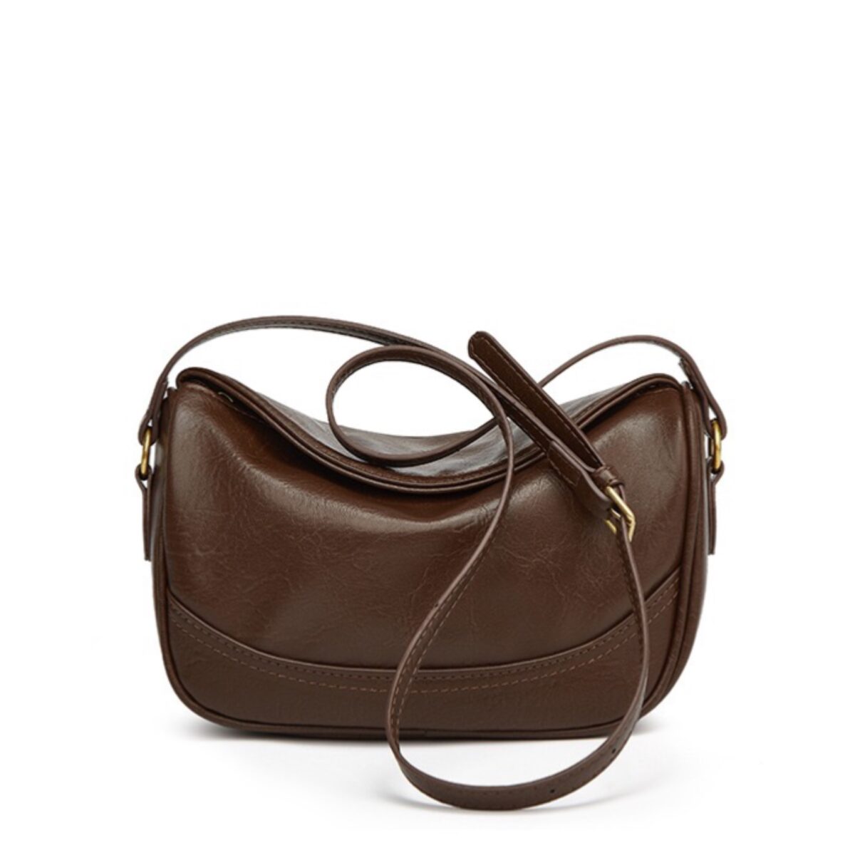 Coffee brown curved flap shoulder bag with buckle strap – EB34 – photo 5