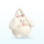 White plush bunny shoulder bag with tartan bow and peach charm – EB50