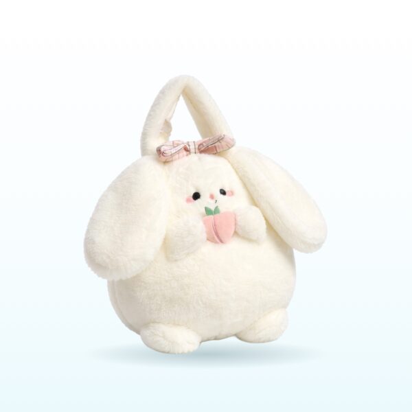White plush bunny shoulder bag with tartan bow and peach charm – EB50