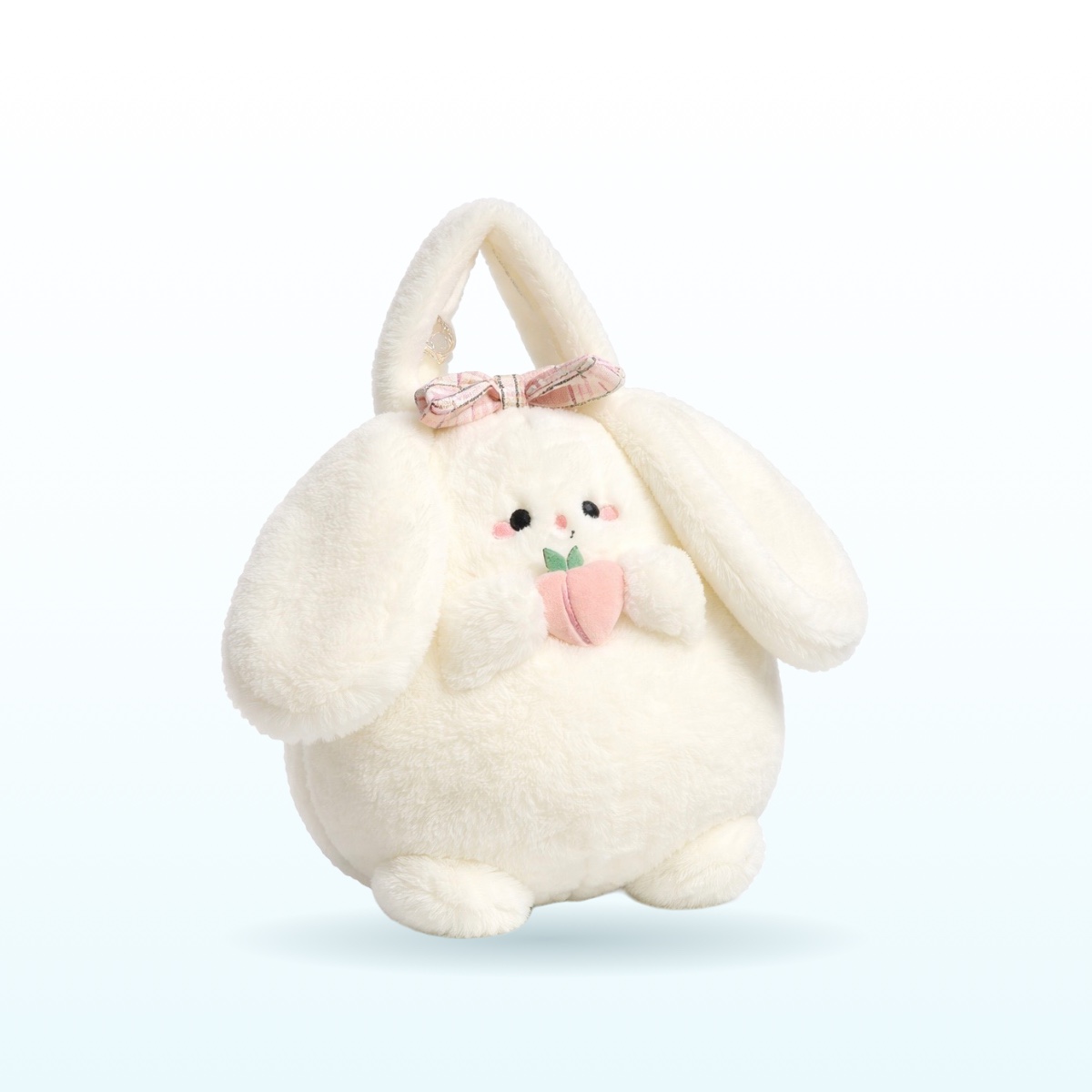 White plush bunny shoulder bag with tartan bow and peach charm – EB50
