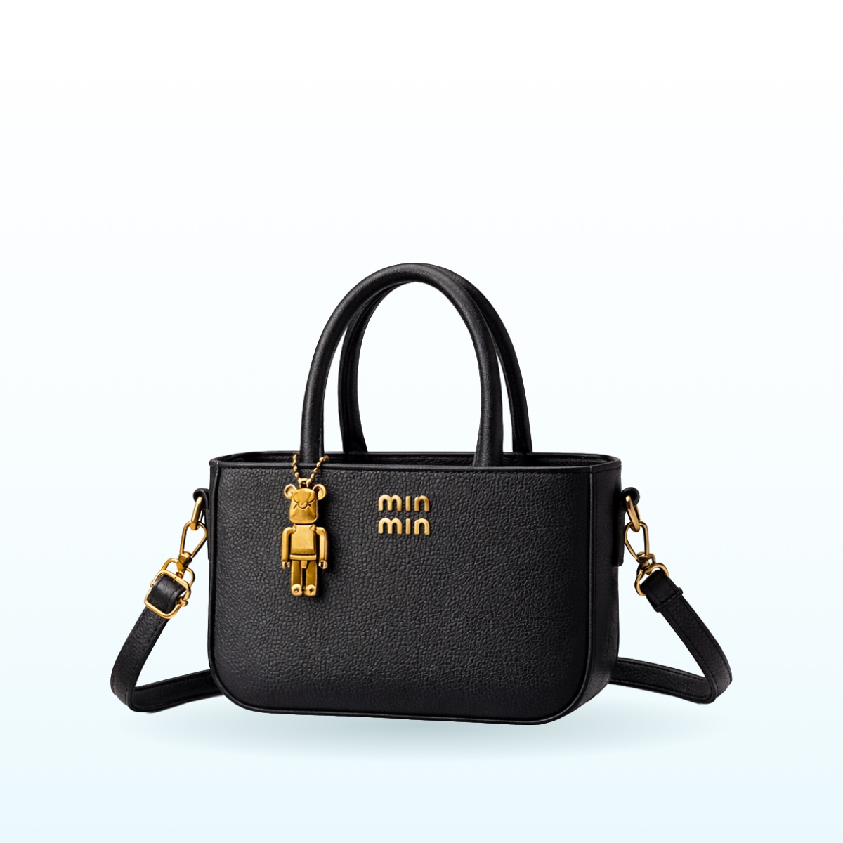 Black mini top-handle crossbody bag with gold bear charm – EB53